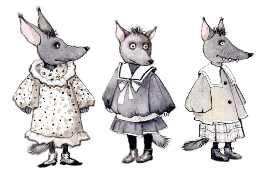 Les trois louves, dessin de C. Mazille